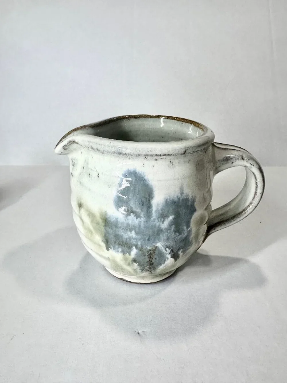 Handcrafted Studio Pottery Creamer with Handle Floral Glaze Gray Blue Green 4